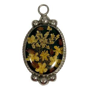 Oval Alpaca Mexico Silver Tone Floral Pressed Dried Flowers Pendant ONLY 6.01g
